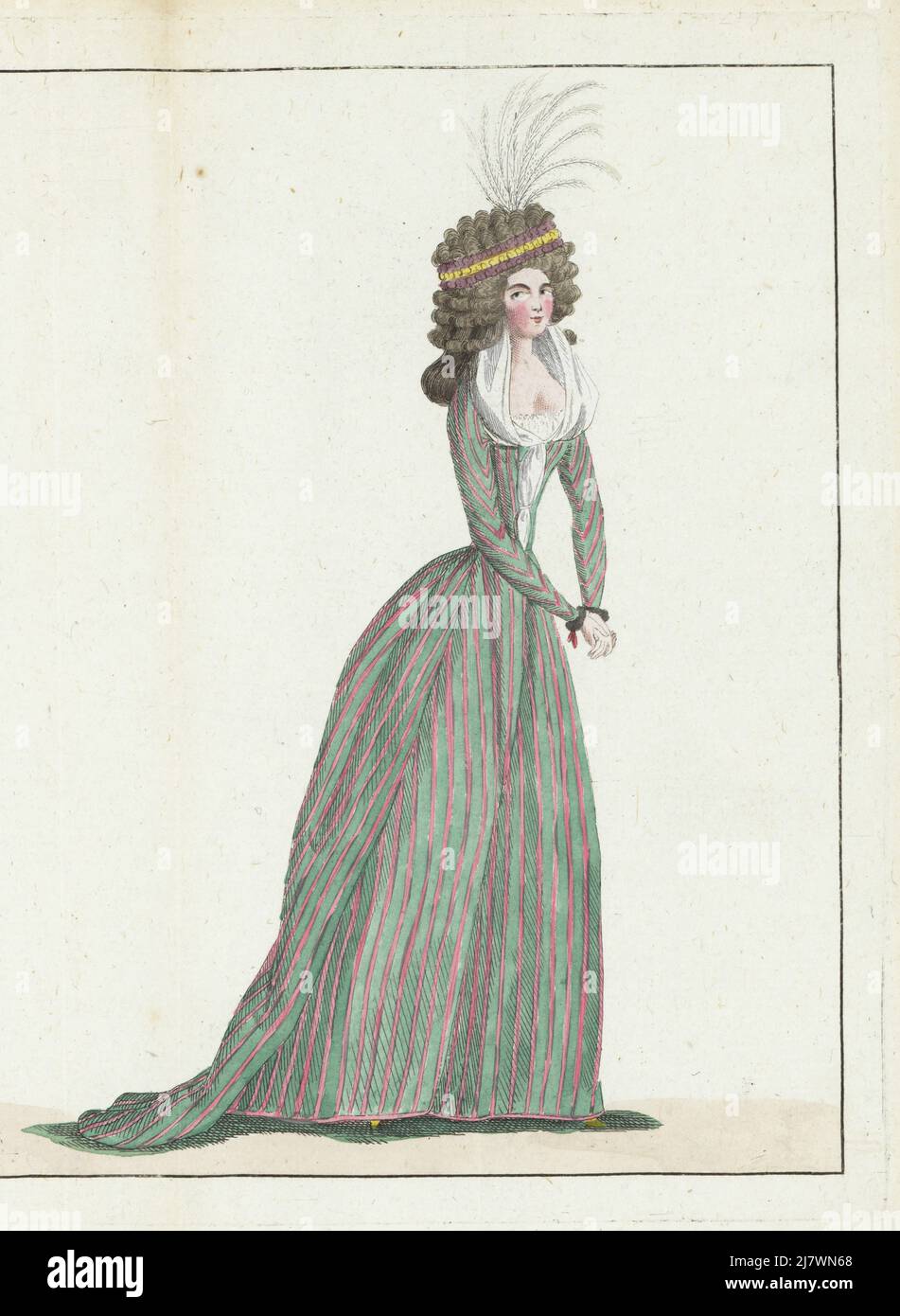 Woman in hairstyle a l'Enfant with ribbons and feathers, striped taffeta gown and petticoat, white gauze fichu and lace tucker, yellow souliers. Handcoloured copperplate engraving from Jean-Antoine le Brun or Lebrun-Tossa’s Journal de la Mode et du Gout, previously Cabinet des Modes, Chez Buisson, Paris, and Joseph le Boffe, London, 22me Cahier, 25 September 1790. Stock Photo