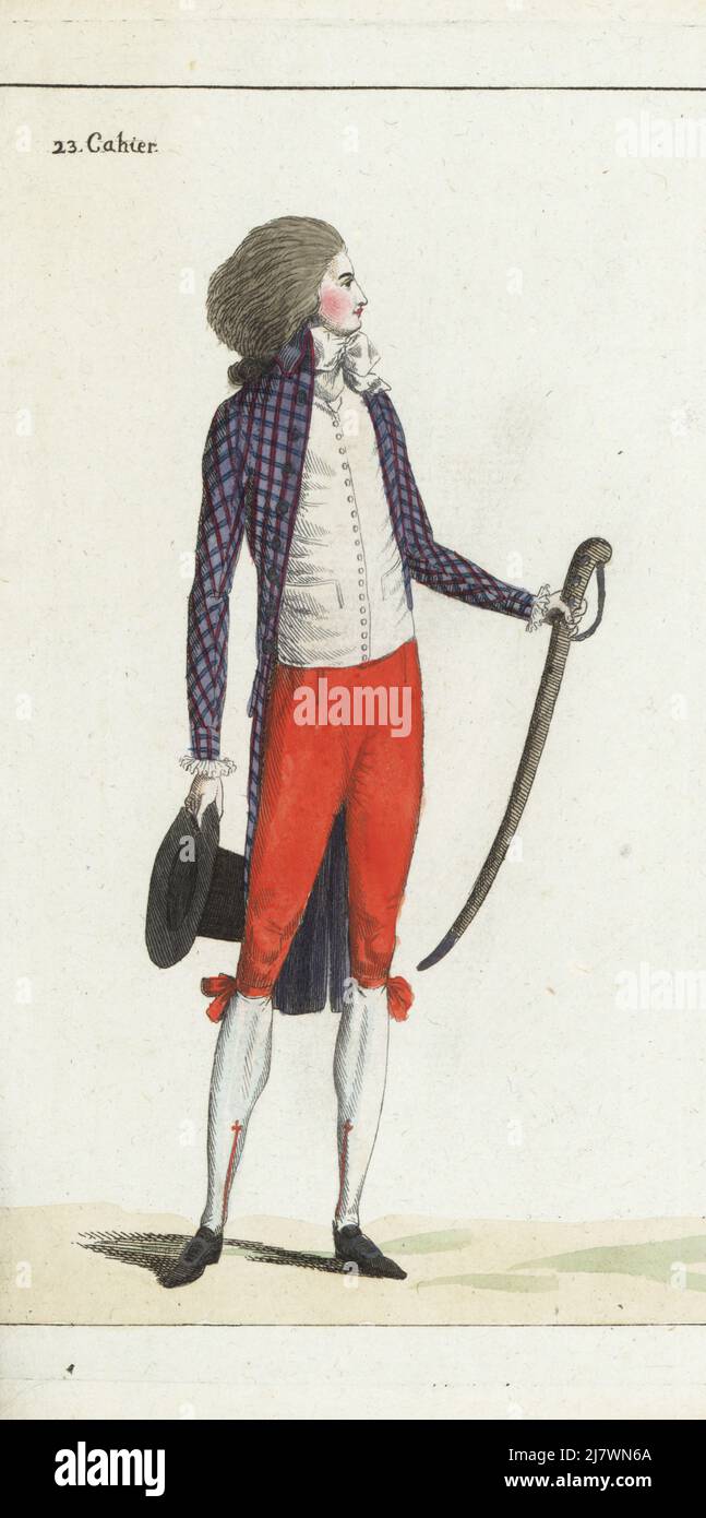 French Revolutionary dandy in checkered violet coat, batiste cravatte, bazin waistcoat, scarlet cashmere culottes, silk hose, silver buckle shoes, with cane-sabre and top hat. Handcoloured copperplate engraving from Jean-Antoine le Brun or Lebrun-Tossa’s Journal de la Mode et du Gout, previously Cabinet des Modes, Chez Buisson, Paris, and Joseph le Boffe, London, 23me Cahier, 5 October 1790. Stock Photo