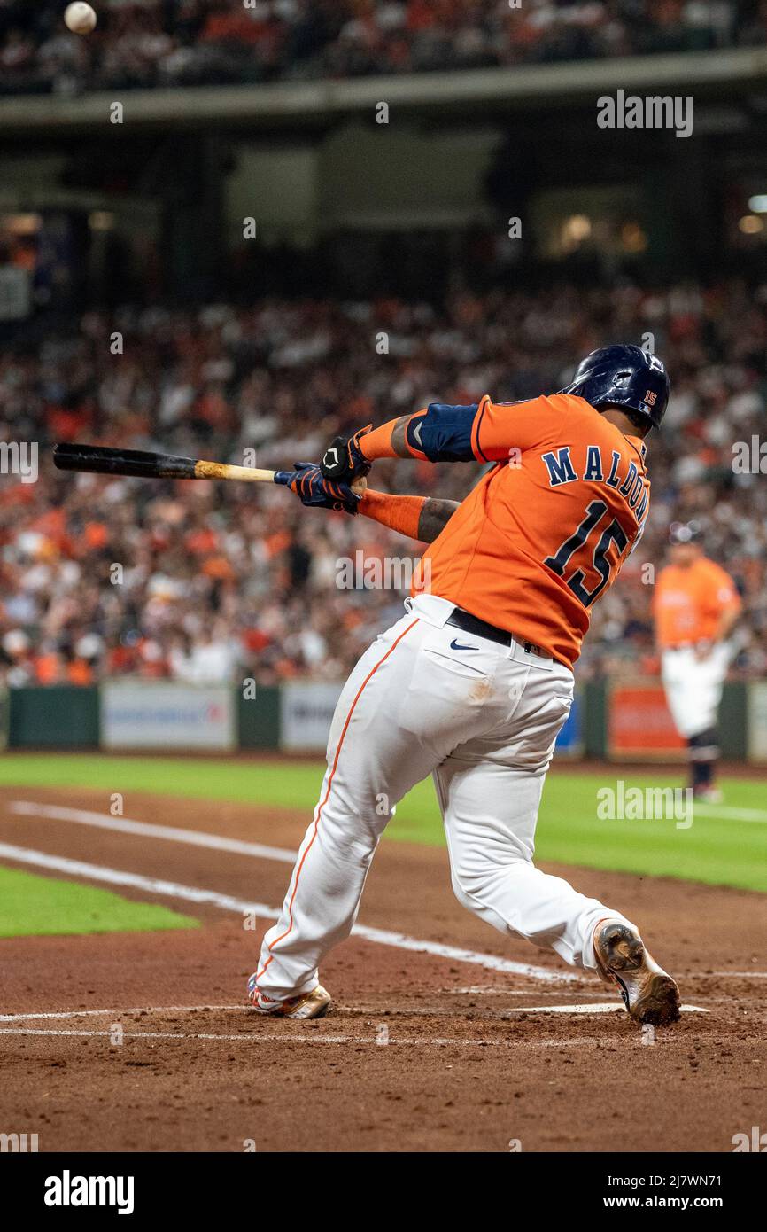 Houston Astros Martin Maldonado (15) breaks his bat on the swing during the  fourth inning in Game 1 of baseball's American League Championship Series  between the Houston Astros and the New York