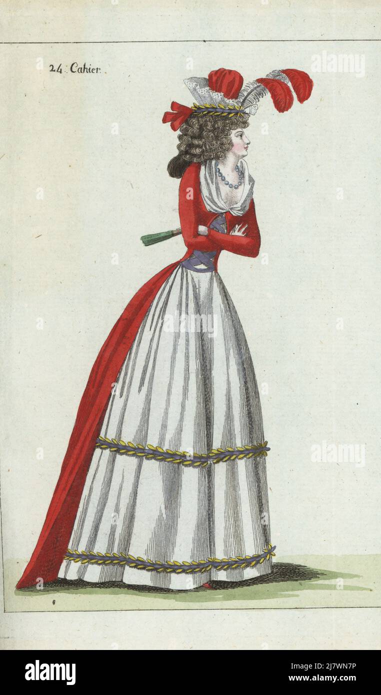 Woman in white lace bonnet with violet and yellow ribbons, nakara plumes, hair in ringlets, blue pearl necklace, fichu, red nakara gown, white silk petticoat with ribbons. Handcoloured copperplate engraving from Jean-Antoine le Brun or Lebrun-Tossa’s Journal de la Mode et du Gout, previously Cabinet des Modes, Chez Buisson, Paris, and Joseph le Boffe, London, 24me Cahier, 15 October 1790. Stock Photo