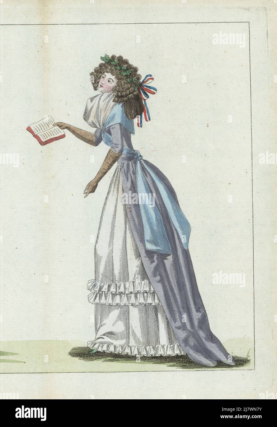 Woman in couronne civique or civic crown in oak leaves with tricolor ribbon, hair in ringlets, grey silk gown, sky blue fichu, white silk petticoat with frills and ruffles, holding an almanac. Handcoloured copperplate engraving from Jean-Antoine le Brun or Lebrun-Tossa’s Journal de la Mode et du Gout, previously Cabinet des Modes, Chez Buisson, Paris, and Joseph le Boffe, London, 24me Cahier, 15 October 1790. Stock Photo