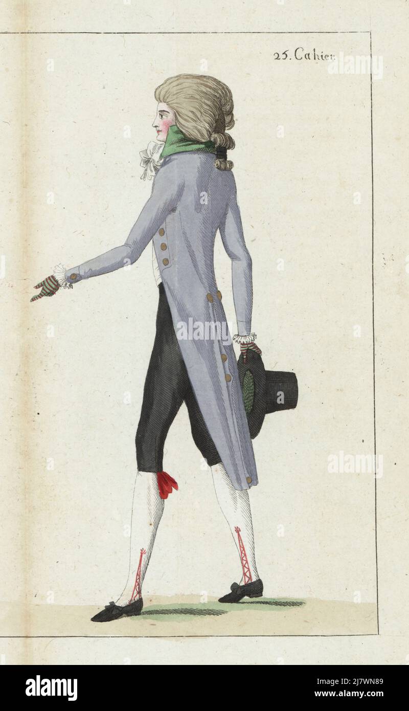 Young man with hair tied in a catogan, batiste cravatte, grey frock coat with green collar, cashmere culottes, silk hose embroidered in nakara, slippers with rosettes. Handcoloured copperplate engraving from Jean-Antoine le Brun or Lebrun-Tossa’s Journal de la Mode et du Gout, previously Cabinet des Modes, Chez Buisson, Paris, and Joseph le Boffe, London, 25me Cahier, 25 October 1790. Stock Photo