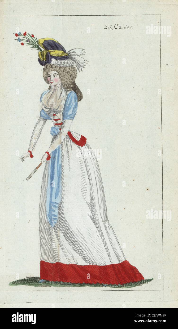 Woman in casual outfit, violet and yellow taffeta bonnet, hair in small ringlets, white gauze fichu, sky blue shawl, white caraco and petticoat trimmed with red silk. Handcoloured copperplate engraving from Jean-Antoine le Brun or Lebrun-Tossa’s Journal de la Mode et du Gout, previously Cabinet des Modes, Chez Buisson, Paris, and Joseph le Boffe, London, 26me Cahier, 5 November 1790. Stock Photo