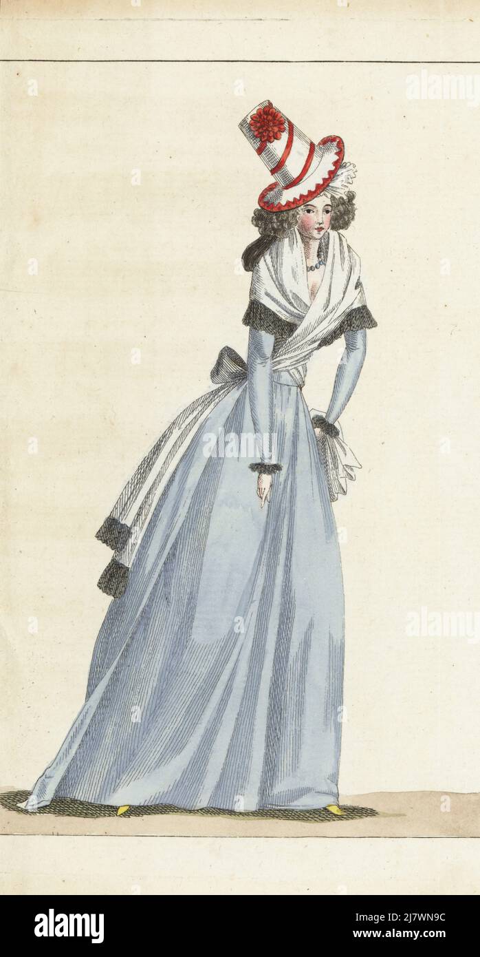 Woman in white felt bonnet a l'Angloise, white gauze colinette, hair in ringlets, white shawl with black lace trim, blue-grey satin gown and petticoat, lemon yellow slippers. Handcoloured copperplate engraving from Jean-Antoine le Brun or Lebrun-Tossa’s Journal de la Mode et du Gout, previously Cabinet des Modes, Chez Buisson, Paris, and Joseph le Boffe, London, 29me Cahier, 5 December 1790. Stock Photo