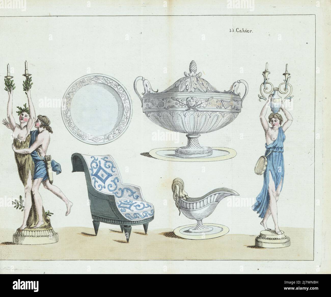 Furniture and tableware, Revolutionary France. Candelabra with Daphne and Apollo, silver plate, armchair, silver pot-a-oille, oil jug with serpent handle and Bacchante candlestick. Handcoloured copperplate engraving from Jean-Antoine le Brun or Lebrun-Tossa’s Journal de la Mode et du Gout, previously Cabinet des Modes, Chez Buisson, Paris, and Joseph le Boffe, London, 33me Cahier, 15 January 1791. Stock Photo