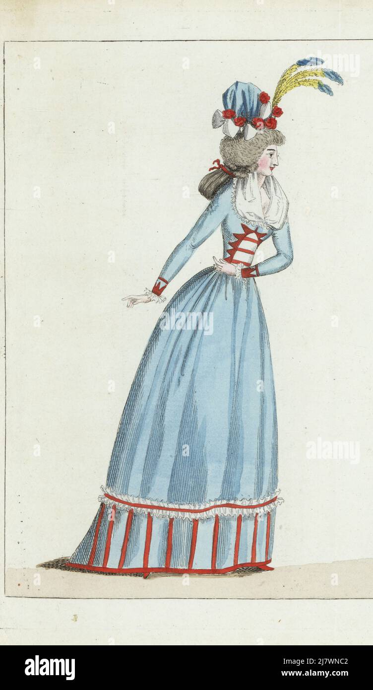 Woman in sky-blue satin pouf bonnet, yellow plumes, hair in ringlets, sky-blue satin gown and petticoat, white gauze fichu. Handcoloured copperplate engraving from Jean-Antoine le Brun or Lebrun-Tossa’s Journal de la Mode et du Gout, previously Cabinet des Modes, Chez Buisson, Paris, and Joseph le Boffe, London, 36me Cahier, 15 February 1791. Stock Photo