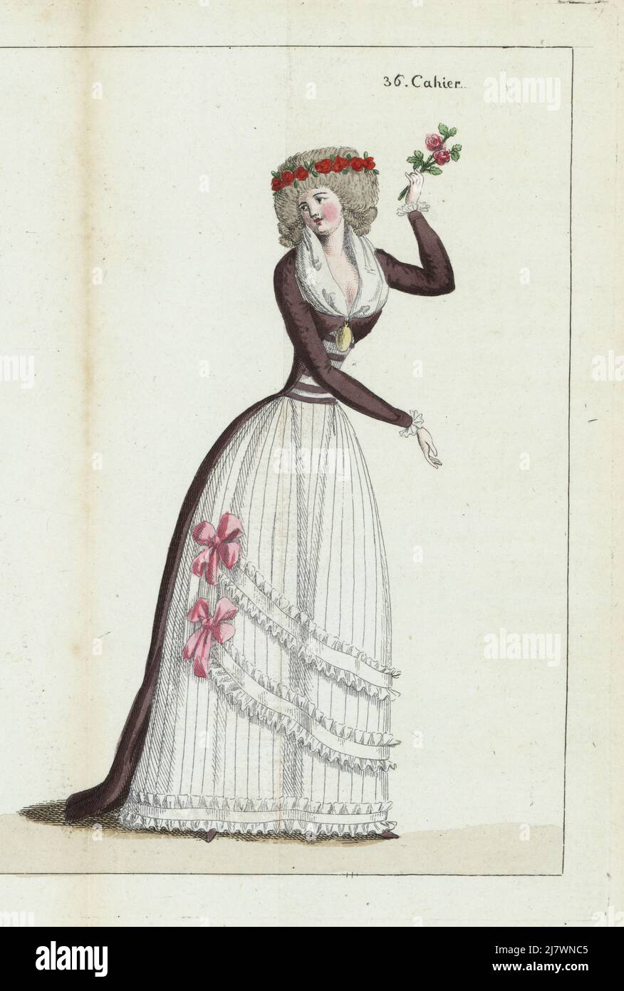 Woman in hairdo with crown of pomegranate flowers, reddish-brown satin gown, white striped petticoat with falbalas, gauze fichu. Handcoloured copperplate engraving from Jean-Antoine le Brun or Lebrun-Tossa’s Journal de la Mode et du Gout, previously Cabinet des Modes, Chez Buisson, Paris, and Joseph le Boffe, London, 36me Cahier, 15 February 1791. Stock Photo