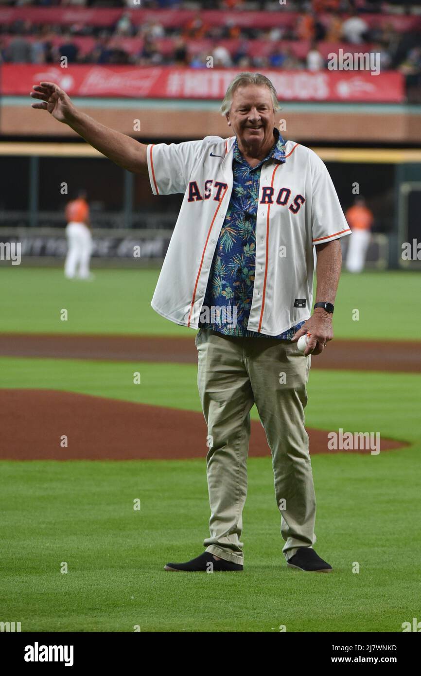 Former Houston Colt .45s/Astros Pitcher Larry Dierker throws out the first pitch before the MLB game between the Houston Astros and the Detroit Tigers Stock Photo