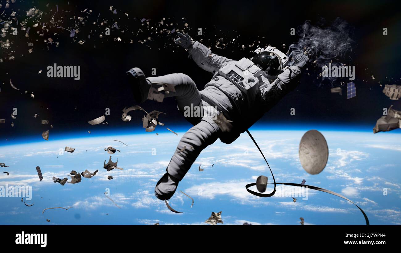 astronaut in danger, flying space debris damaging helmet and suit Stock
