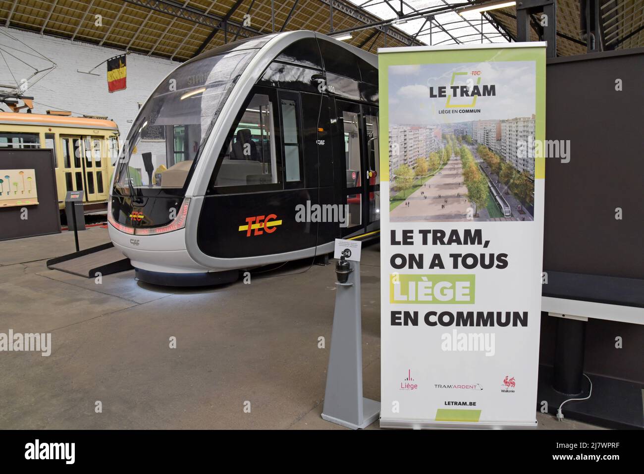 Display in Transport Museum Of Wallonia of new tram system for the city of Liege, running from Coronmeuse to Sclessin, currently under construction - Stock Image