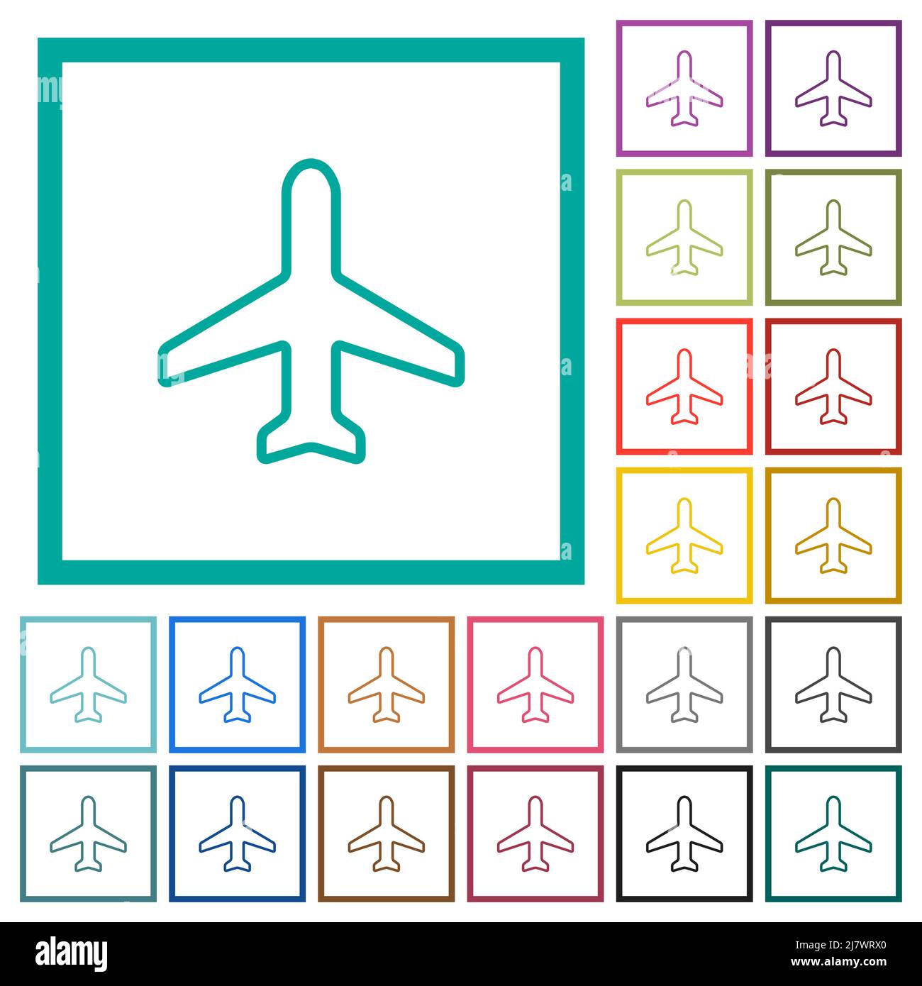 Airplane top view outline flat color icons with quadrant frames on ...