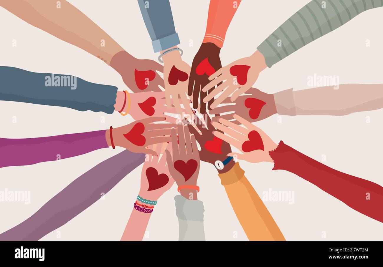 Palms up of group of diverse people in circle with heart in hand. Charity donation and volunteer work. Support and assistance. Multicultural community Stock Vector