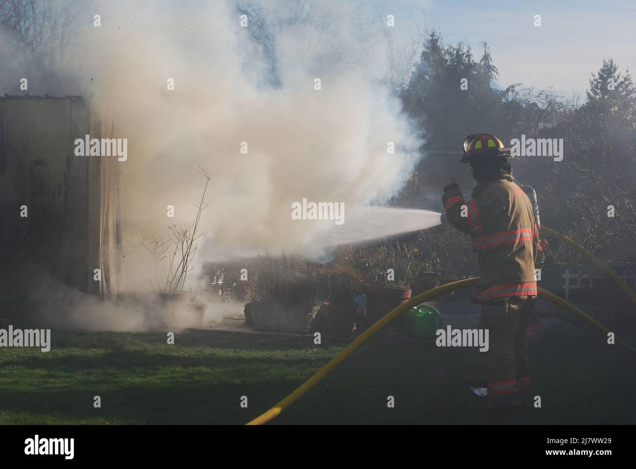 Firefighters Battling a Building Fire Stock Photo