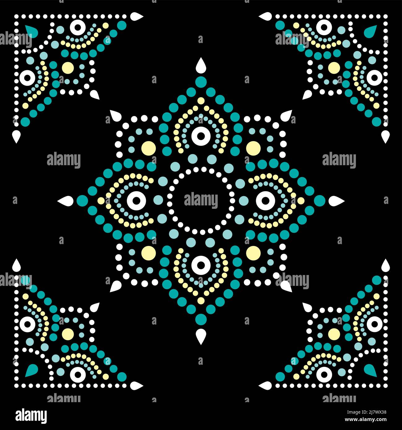 Aborignal style floral mandala with corners dot painting vector design,  Australian folk art square composition in green on black background Stock Vector