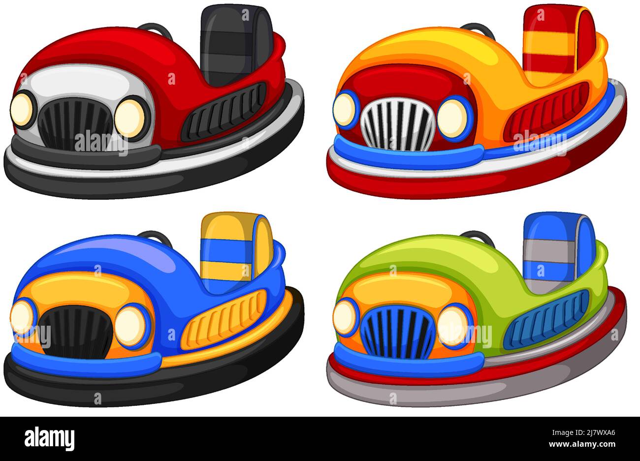Set of different kids driving bumper cars in cartoon style illustration