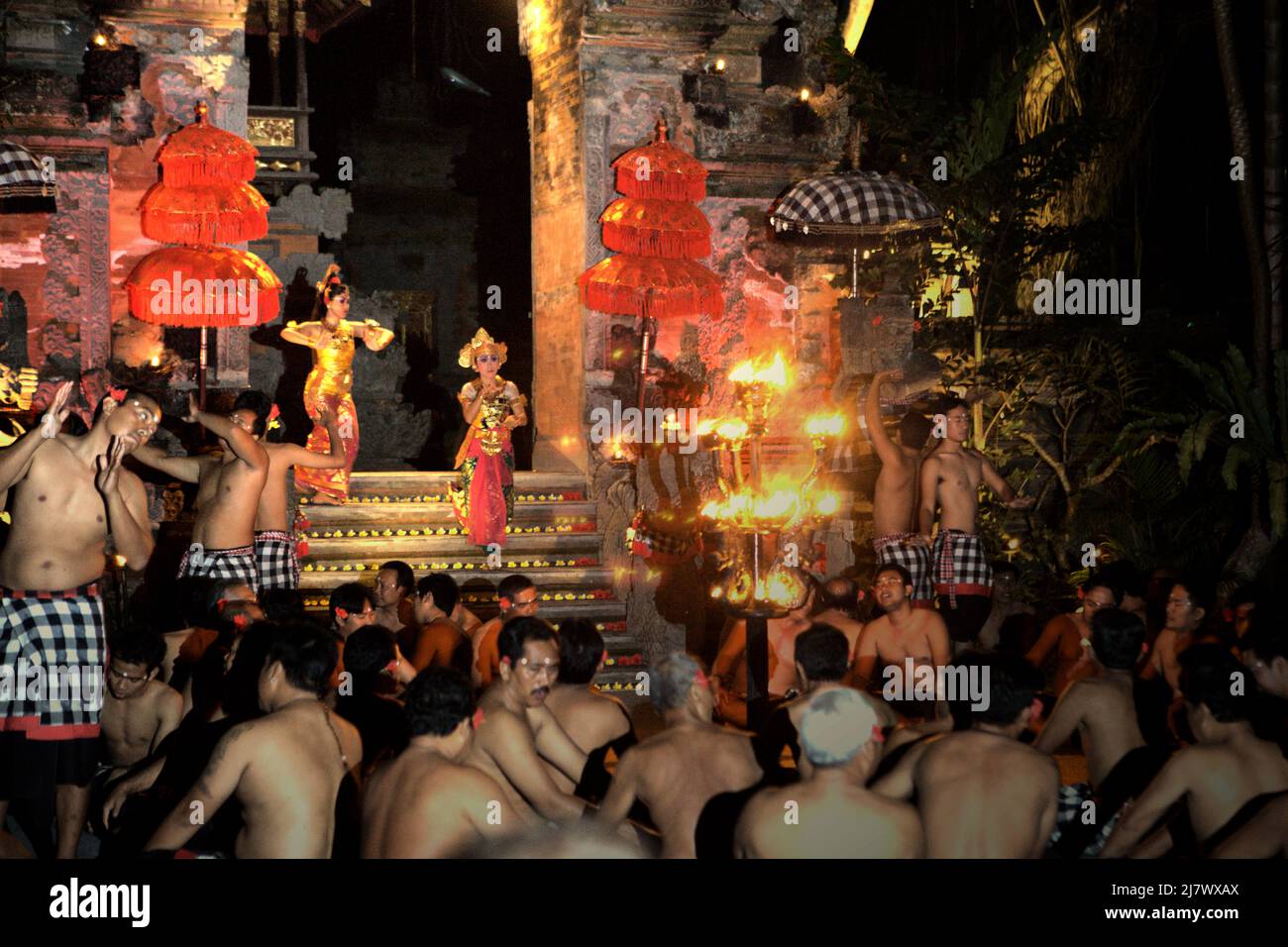 Women dancers performing during kecak and fire dance show in Ubud, Gianyar, Bali, Indonesia. Stock Photo