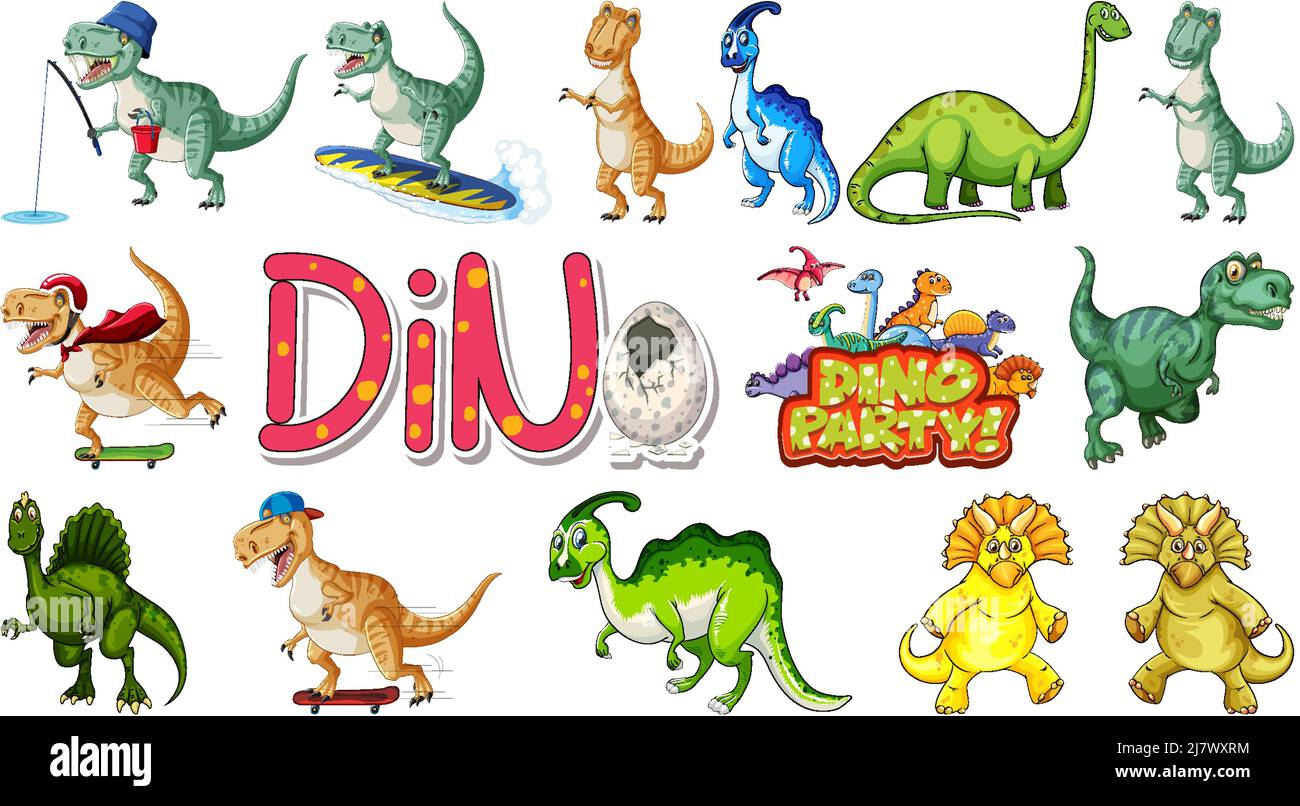 Many dinosaurs on white background illustration Stock Vector