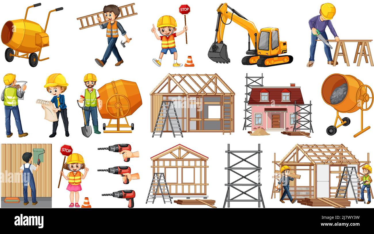 Set of construction site objects illustration Stock Vector