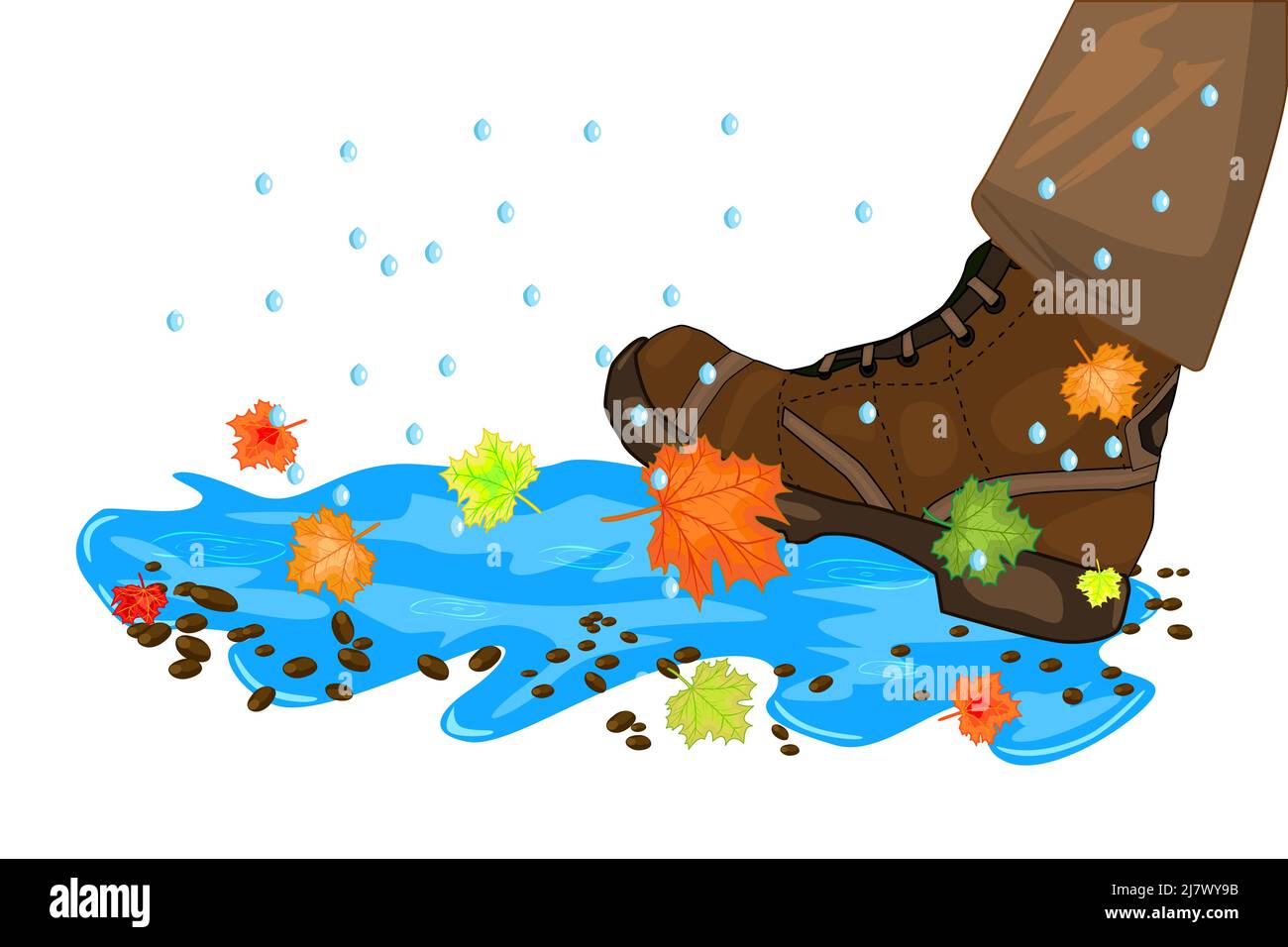Leg with shoe, puddle, maple leaves and rain drops isolated on white background. Feet step in puddle. Leg in fall water. Autumn season concept. Vector Stock Vector