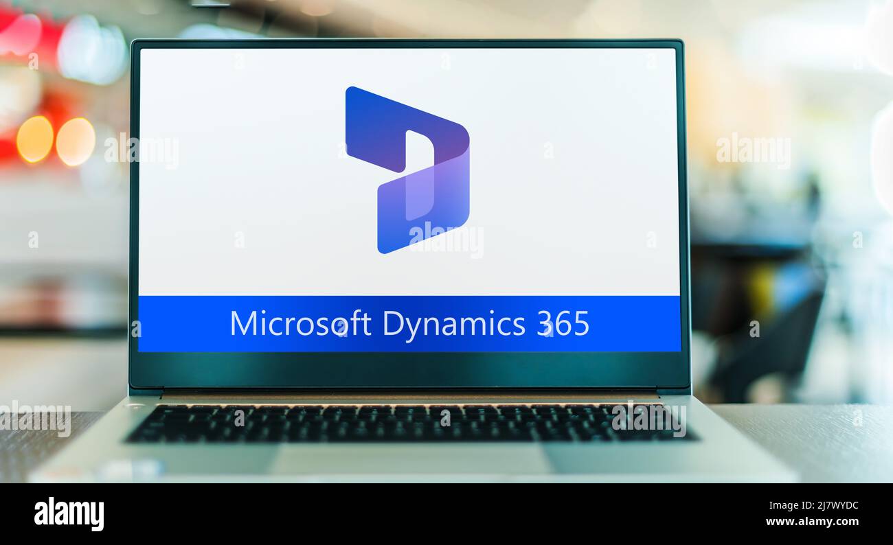 POZNAN, POL -APR 9, 2022: Laptop computer displaying logo of Microsoft ...