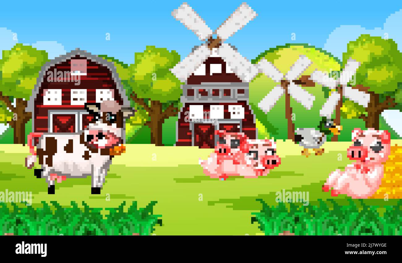Farm scene with many animals in the field illustration Stock Vector ...