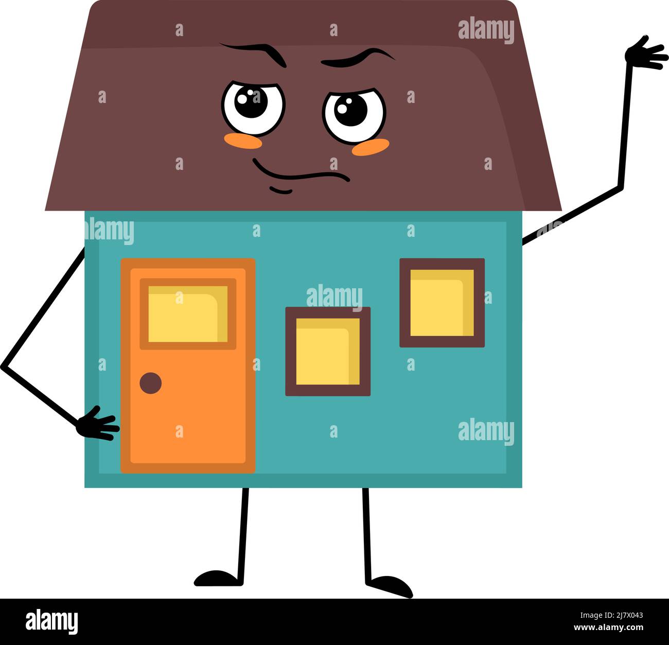 Cute house character with emotions of hero, brave face, arms and leg. Building man with courage expression, funny cottage. Vector flat illustration Stock Vector