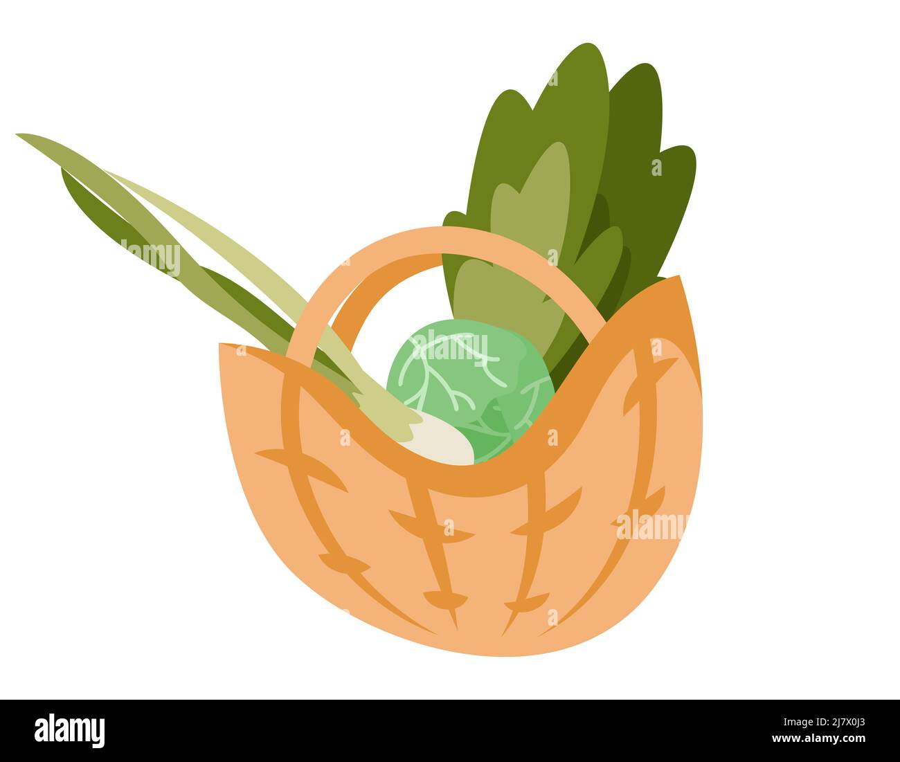 Straw basket with vegetables. Agricultural object in cartoon style