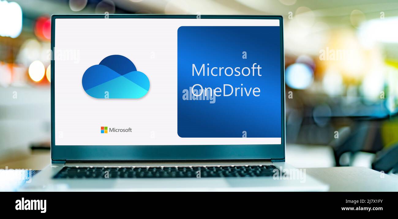 POZNAN, POL - DEC 12, 2021: Laptop computer displaying logo of Microsoft OneDrive, a file hosting service and synchronization service operated by Micr Stock Photo