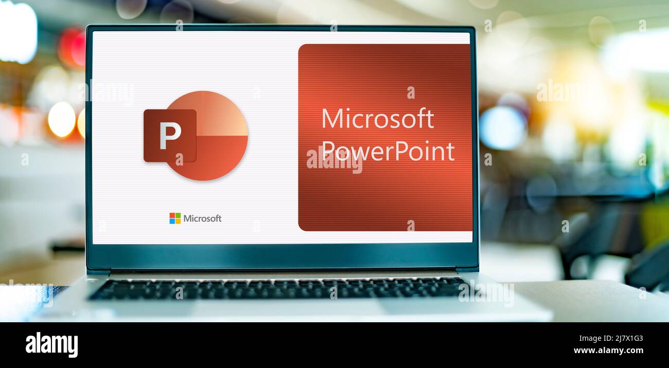 POZNAN, POL - DEC 12, 2021: Laptop computer displaying logo of Microsoft PowerPoint, a presentation program, part of the Office family software and se Stock Photo
