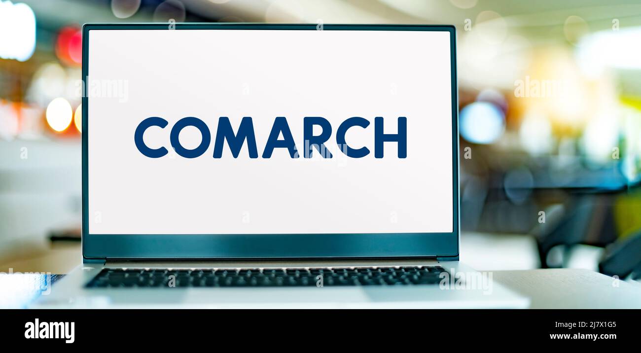 POZNAN, POL - DEC 8, 2021: Laptop computer displaying logo of Comarch ...