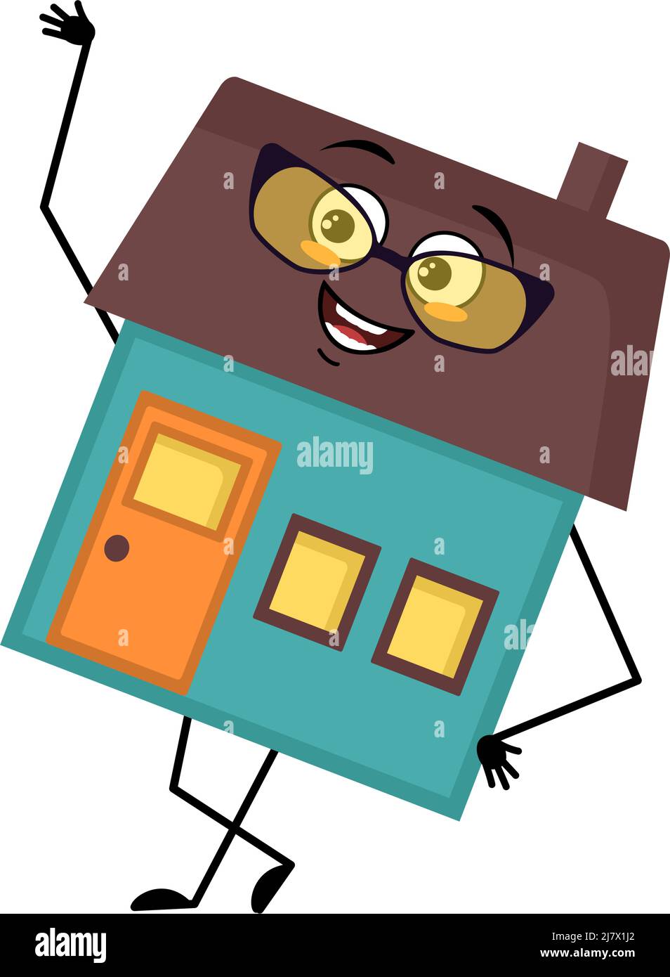 Cute house character with glasses and happy emotion, face, smile eyes, arms and legs. Building man with funny expression, funny cottage. Vector flat illustration Stock Vector