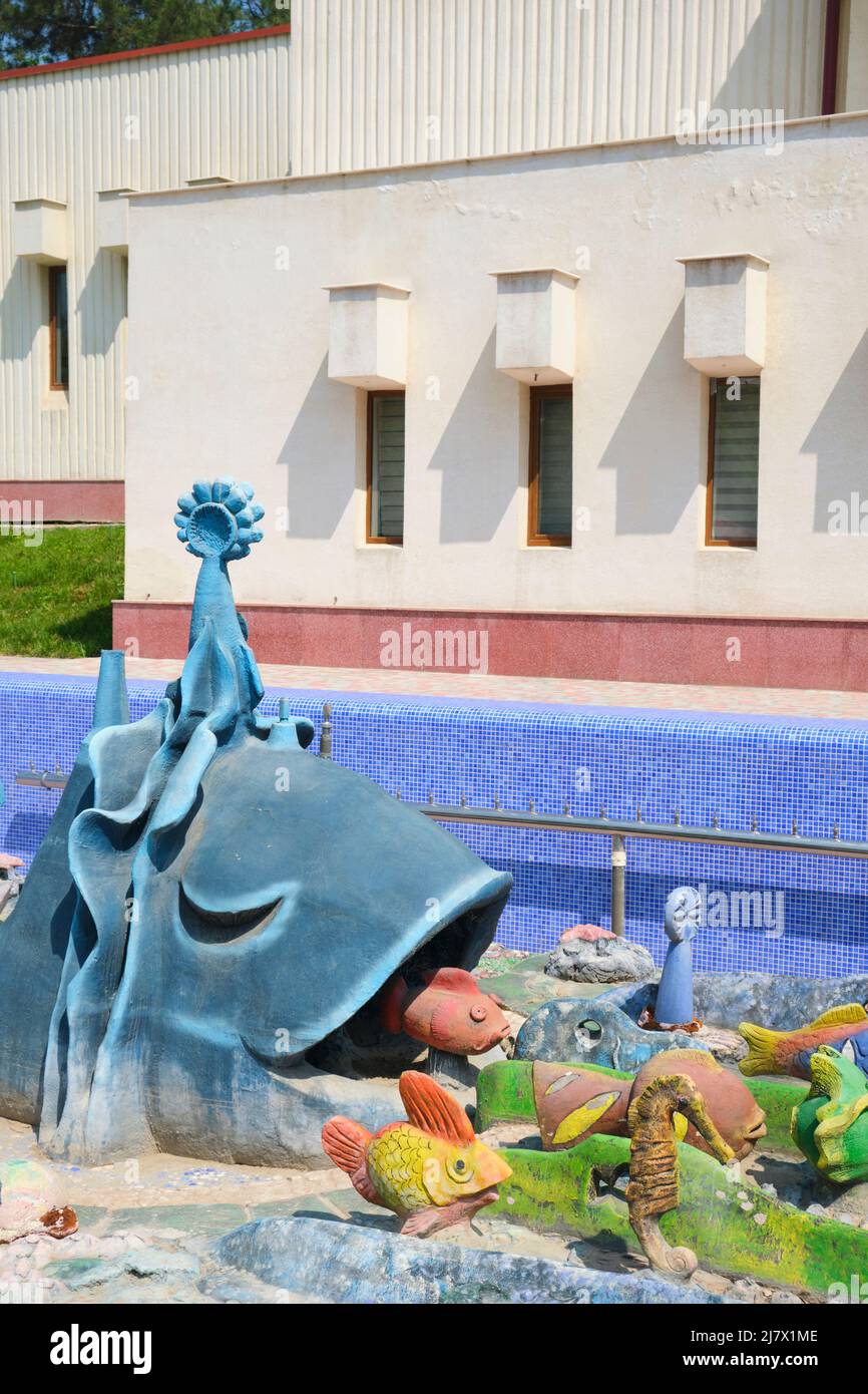Detail of the dry fountain, filled with colorful, painted fish and sea life. At the Republican Puppet Theatre in Tashkent, Uzbekistan. Stock Photo