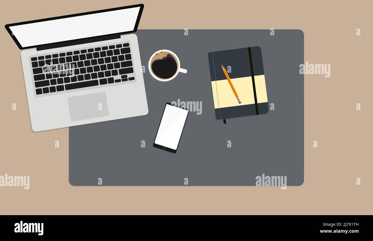 top down view of office desk with laptop, notebook with pencil, smartphone and cup of coffee, vector illustration Stock Vector