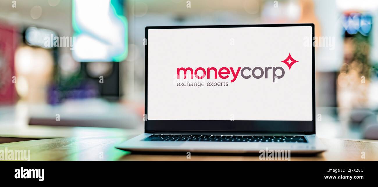 POZNAN, POL - OCT 1, 2021: Laptop computer displaying logo of moneycorp, a company offering foreign exchange and global payment services to individual Stock Photo