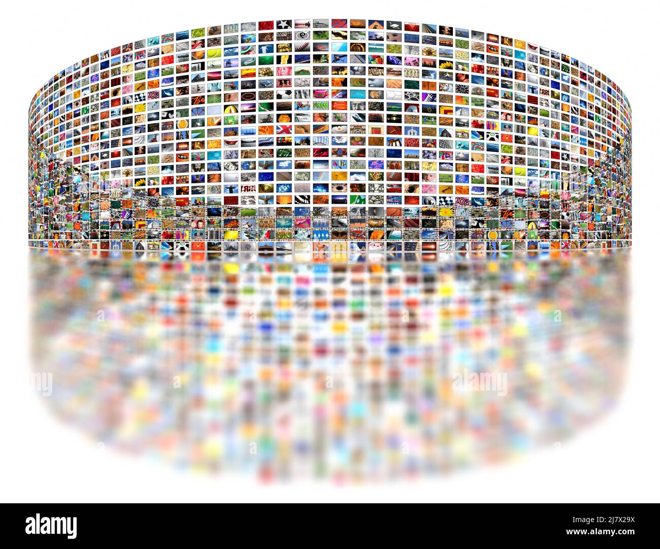 Multiple screens showing a mosaic of hundreds of images. Streaming Television. Broadcast, Information worm hole, Choice, Network, Catch up Services Stock Photo