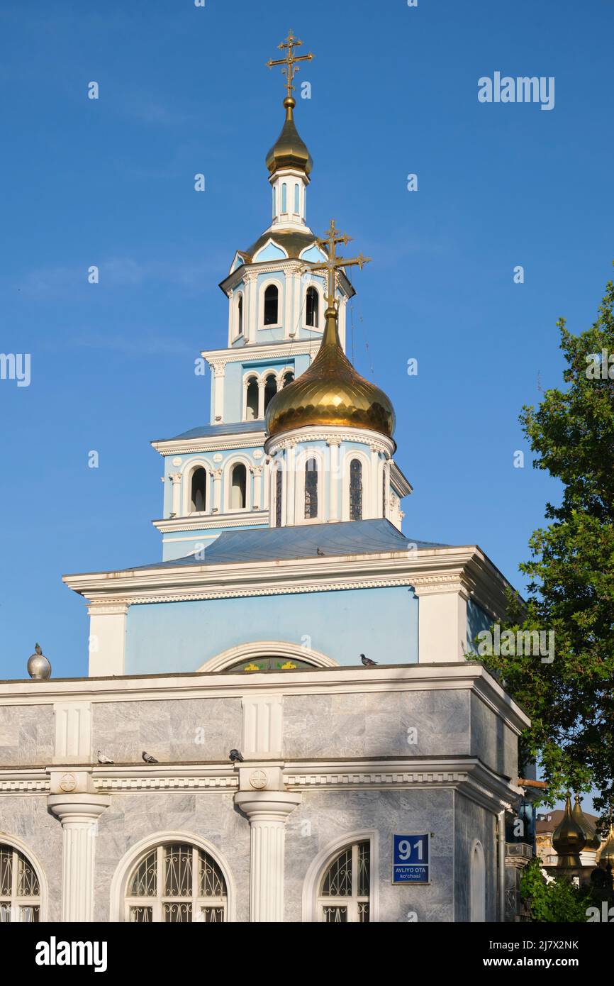 The large, square bell tower and gold onion dome. At the bright blue, Baroque Assumption
