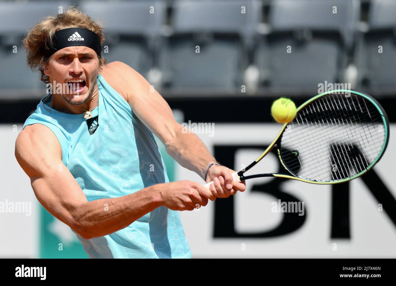 May 11, 2022, ROME Alexander Zverev of Germany in action against Sebastian Baez of Argentina during their mens singles second round match at the Italian Open tennis tournament in Rome, Italy, 11