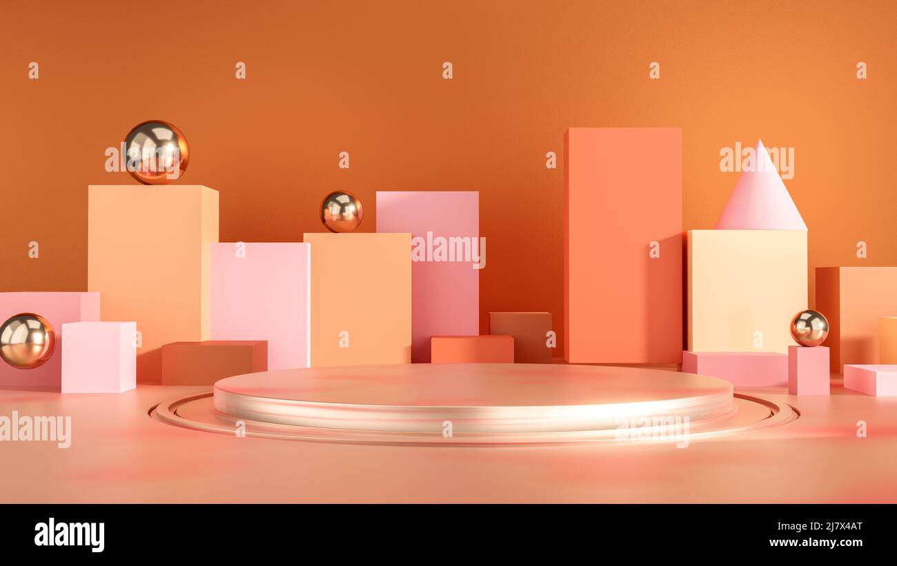 3d podium minimal scene with geometrical product. Pastel colors podium, minimal style display. Scene to show cosmetic products. 3d render. Stock Photo