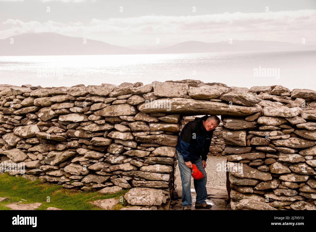 Capstone of Iron Age Dunbeg Fort along the Ring of Kerry in Ireland. Stock Photo