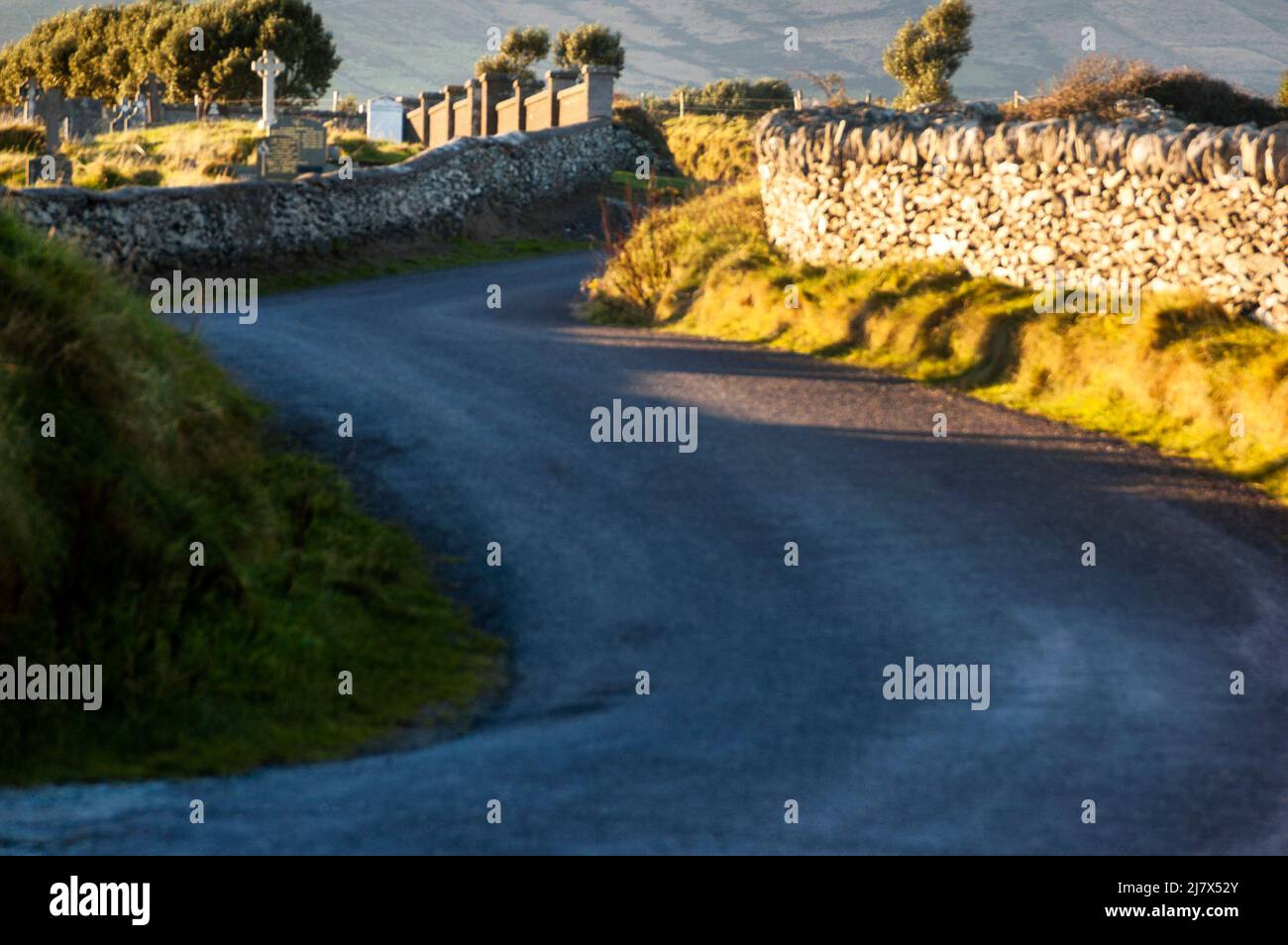 Celtic Crosses and stone walls on the Dingle Peninsula in Ireland. Stock Photo