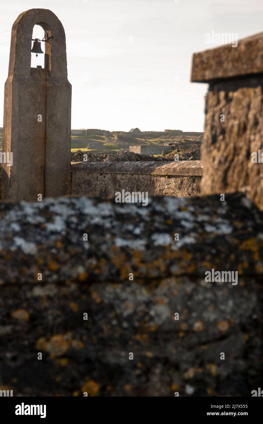 Bell tower of Church of Mary Immaculate on the Aran Island of Inishmaan in the Bay of Galway, Ireland. Stock Photo