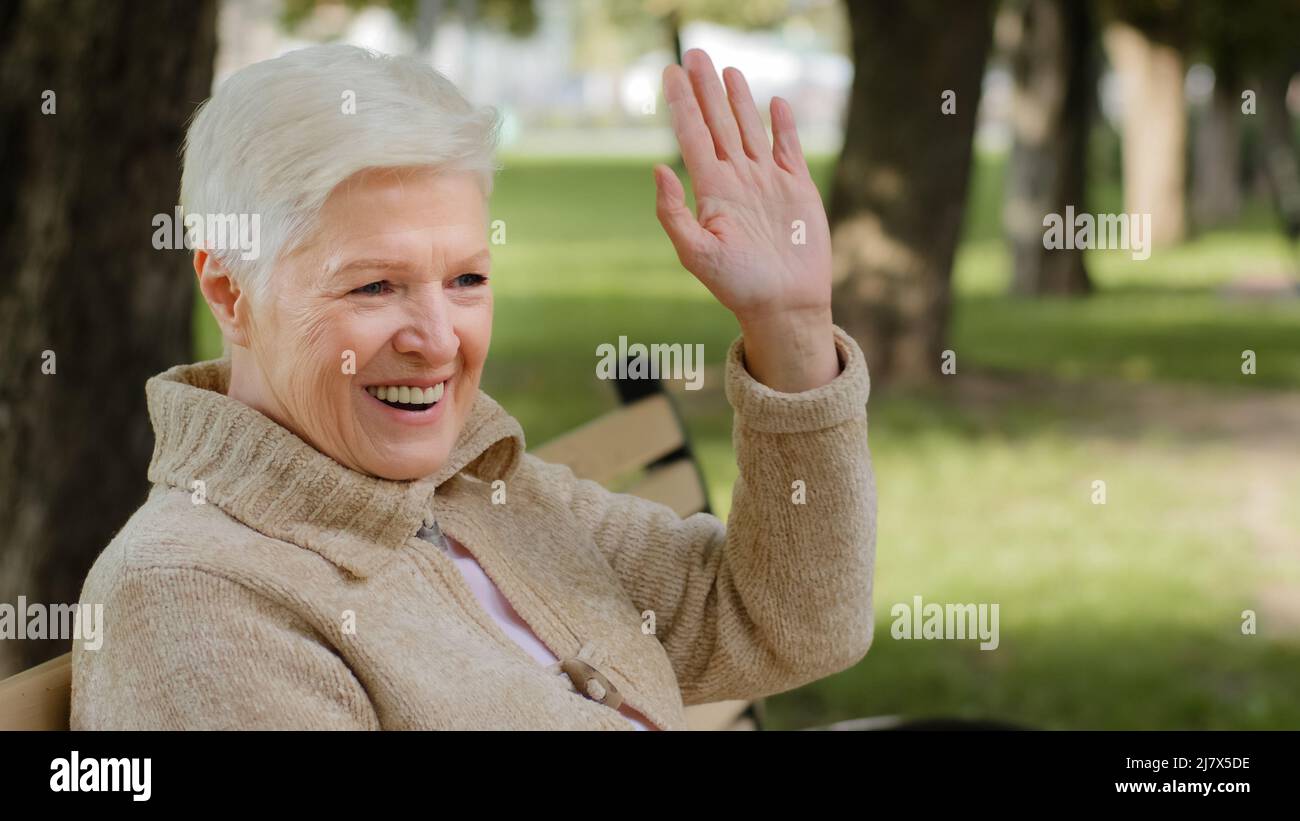 Smiling gray-haired grandma retired positive lady in warm clothes sitting on bench relaxing outdoors in cool weather, waving hello or goodbye, elderly Stock Photo