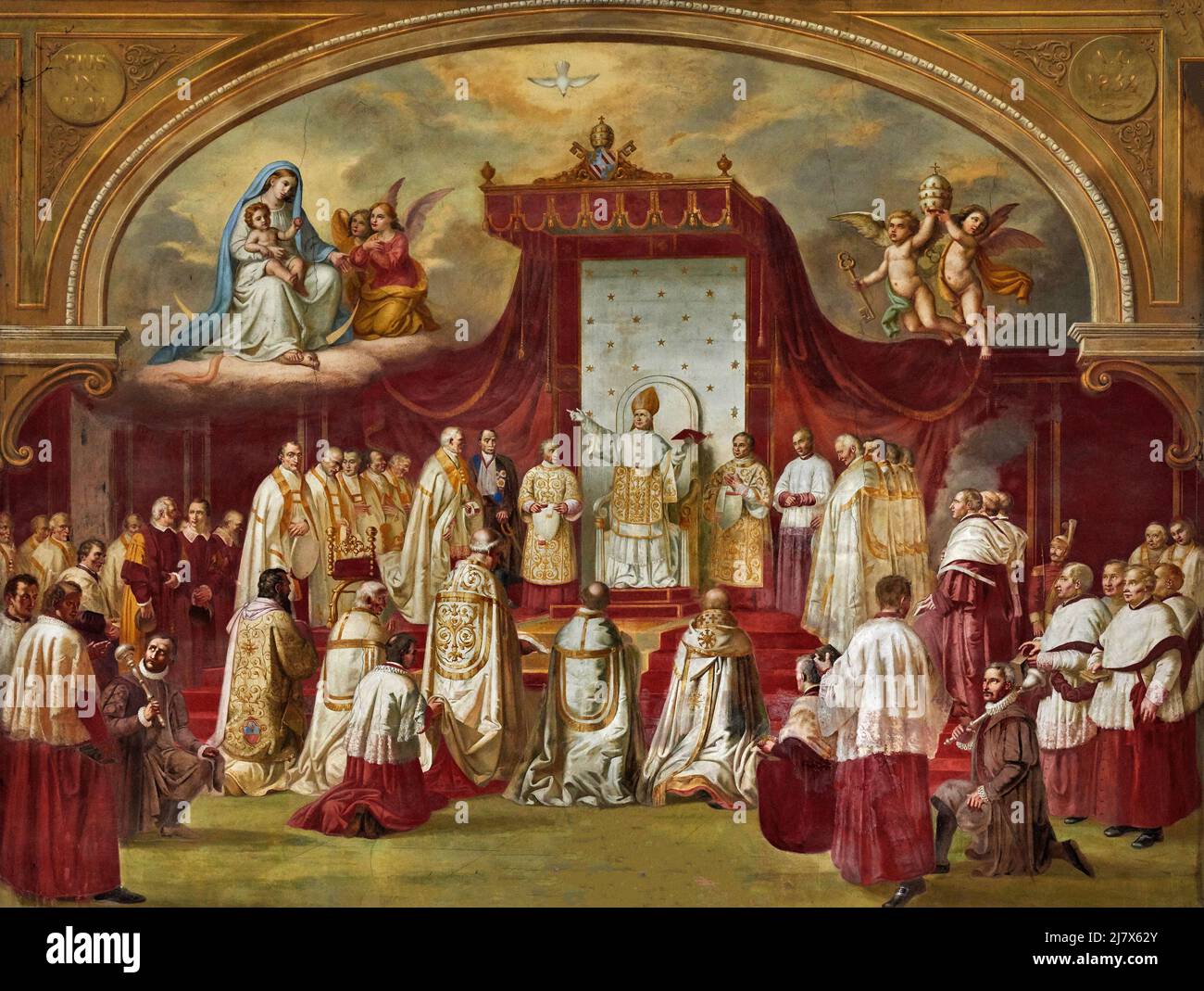 Papa Pio IX proclama il dogma dell’ Immacolata Concezione - affresco -  G. Gritti -  1871 - Travagliato (Bs),Italia, chiesa parrocchiale dei SS. Pietr Stock Photo