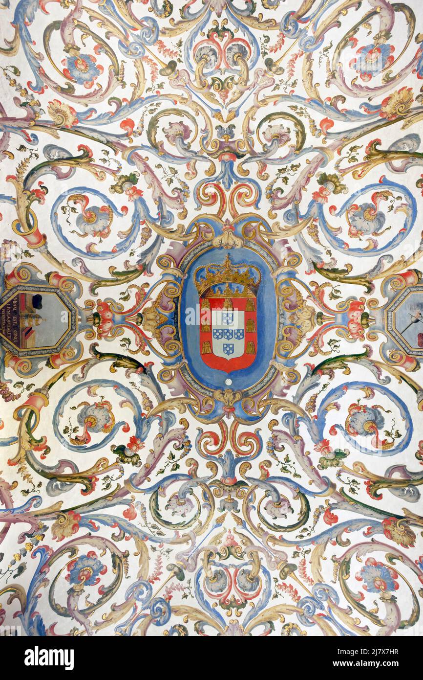 Europe, Portugal, Beira Litoral Province, Coimbra University, Ornate Painted Ceiling of the Grand Examination Room inside the Via Latina Building Stock Photo