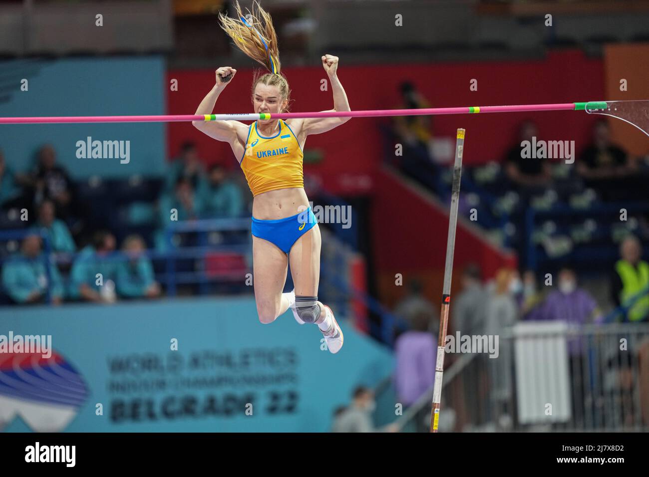 Yana Hladiychuk jumping at the 2022 Belgrade Indoor World Championships