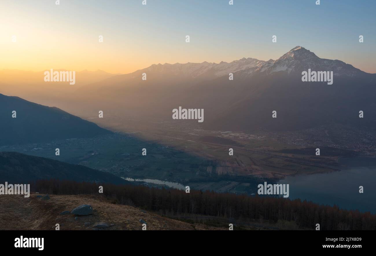 Aerial view of Legnone mountain at sunrise, Alto Lario, Montemezzo, Como, Lombardy, Italy, Southern Europe Stock Photo