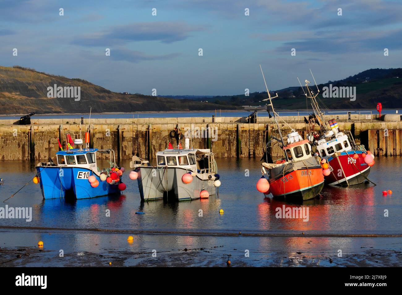 Fishing boats at low tide in Lyme Regis harbour on the Dorset Jurassic ...