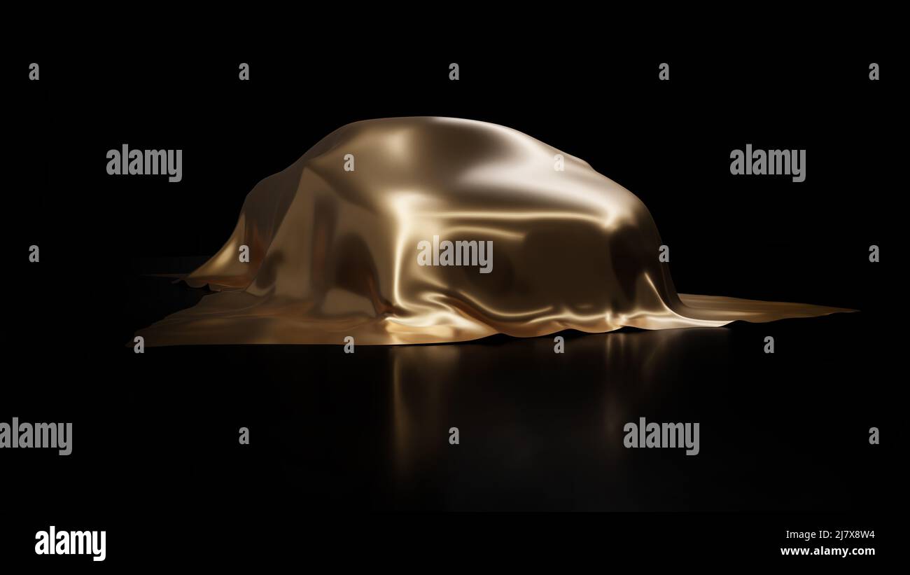 Car cover by gold silk cloth. New car launching concept. 3d render. Stock Photo