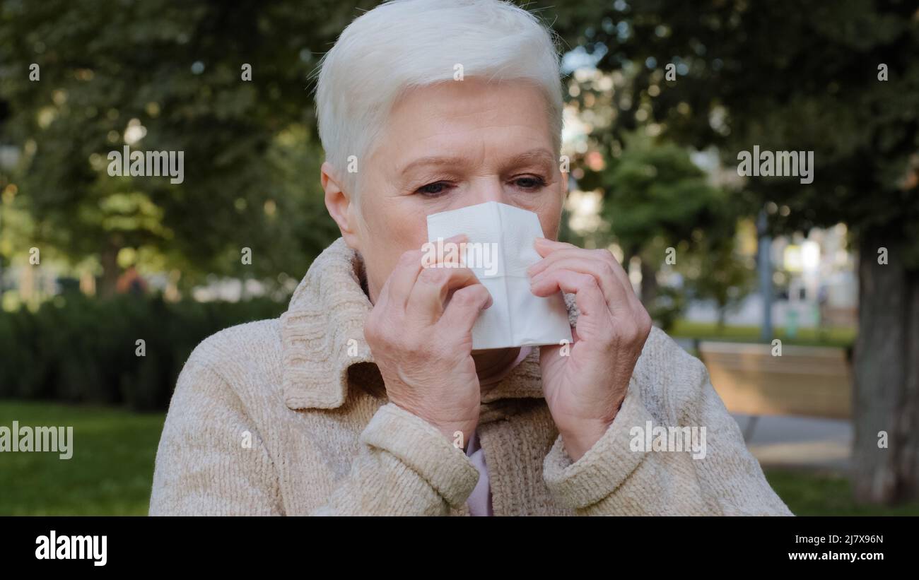 Allergic middle-aged lady feels unwell having flu symptom, ill old mature woman hold tissue sneezing got fever caught cold blowing running nose in Stock Photo