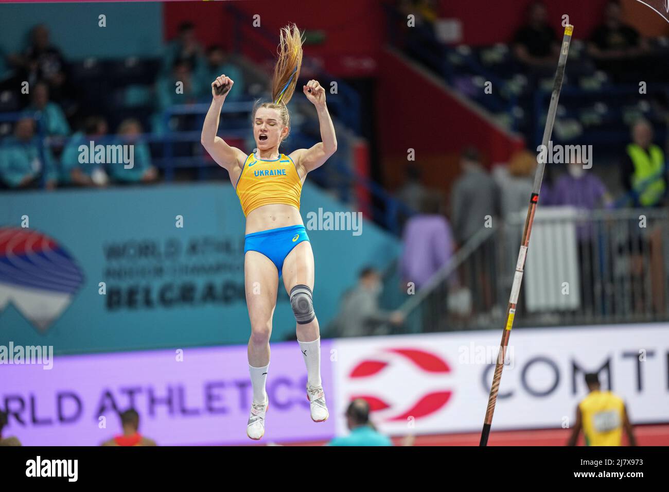 Yana Hladiychuk jumping at the 2022 Belgrade Indoor World Championships in the pole vault specialty. Stock Photo